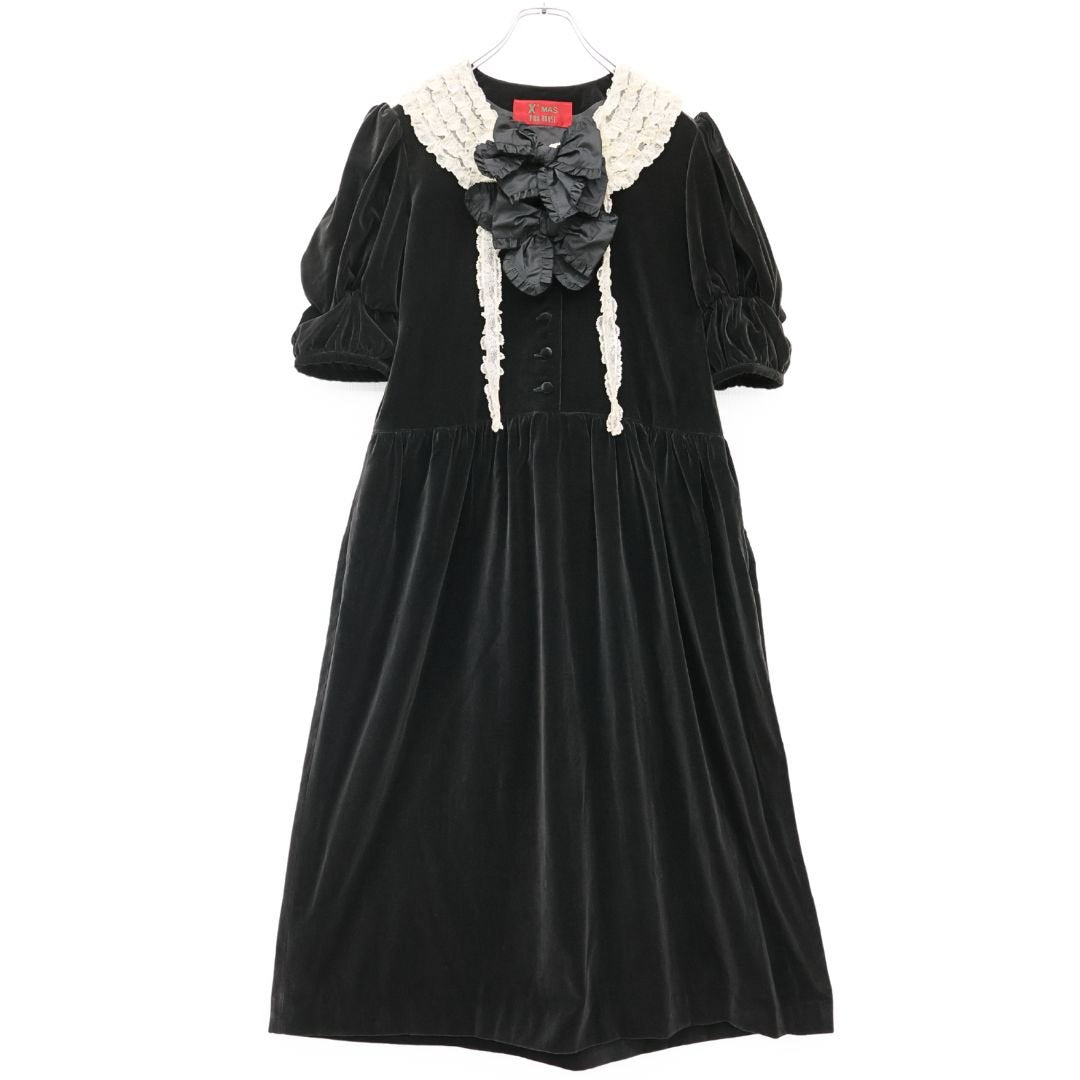 【美品】ピンクハウス★ベルベットX’masドレス ドットチュールレース♪黒ベロアのパフ袖ワンピース  黒系 重ね付けリボン♪厚手 z23244