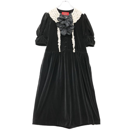 【美品】ピンクハウス★ベルベットX’masドレス ドットチュールレース♪黒ベロアのパフ袖ワンピース  黒系 重ね付けリボン♪厚手 z23244