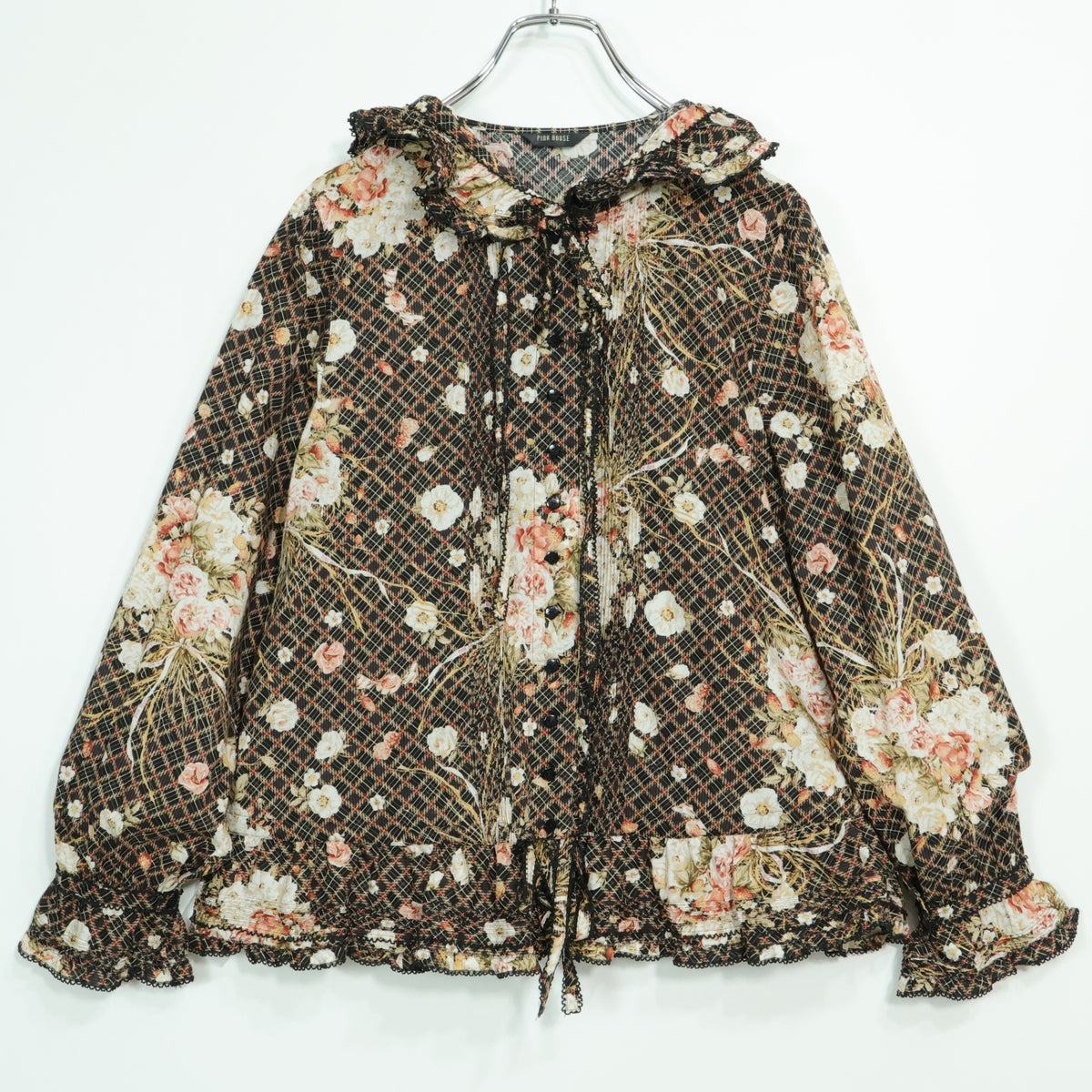 【美品】ピンクハウス★フェイバリットブーケpt♪長袖ブラウス フーディ 黒系 前開き たっぷりフリル♪z22911