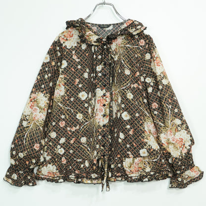 【美品】ピンクハウス★フェイバリットブーケpt♪長袖ブラウス フーディ 黒系 前開き たっぷりフリル♪z22911