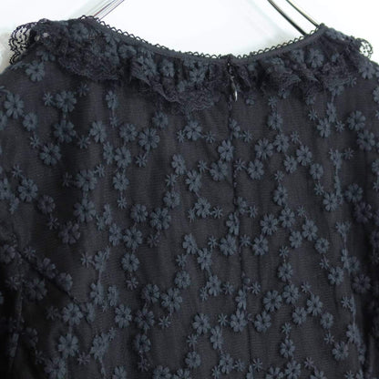 【美品！】ピンクハウス★かぶせ段々♪刺繍付チュールレースのワンピース サイズM 黒系 キュートな小花刺繍♪z21020