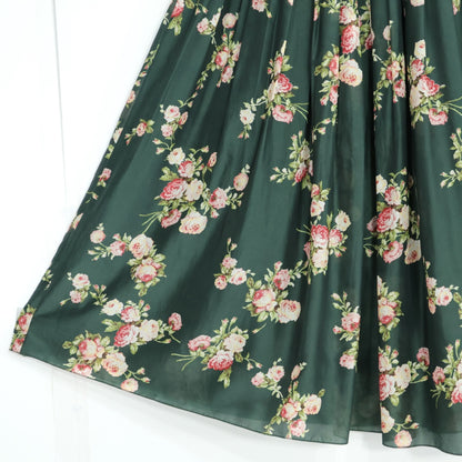 【美品】インゲボルグ★薔薇pt♪タック使いギャザースカート モスグリーン系 光沢あり♪薄手 z21478