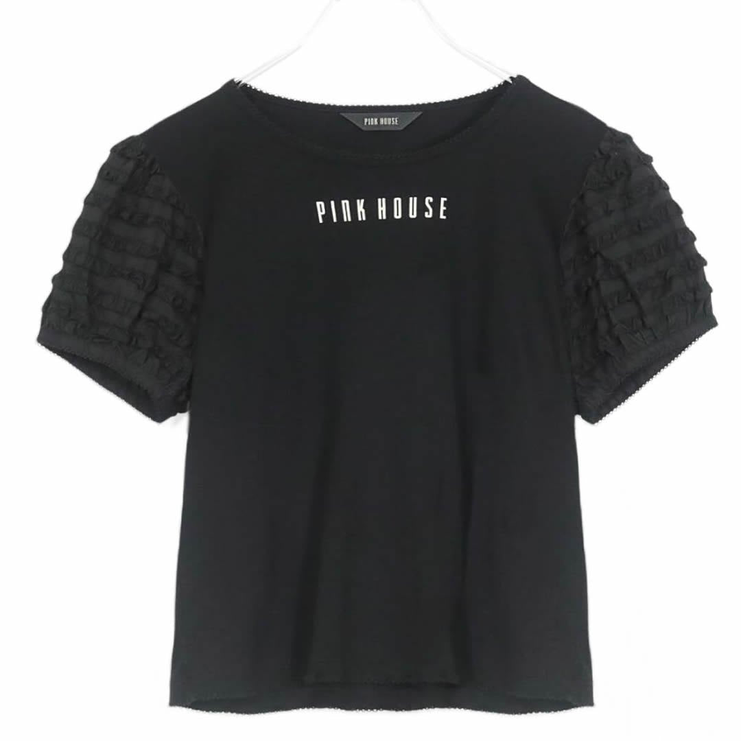 【美品】ピンクハウス★お袖フリルたっぷり 半袖Tシャツカットソー サイズM 黒系 ＊z15417