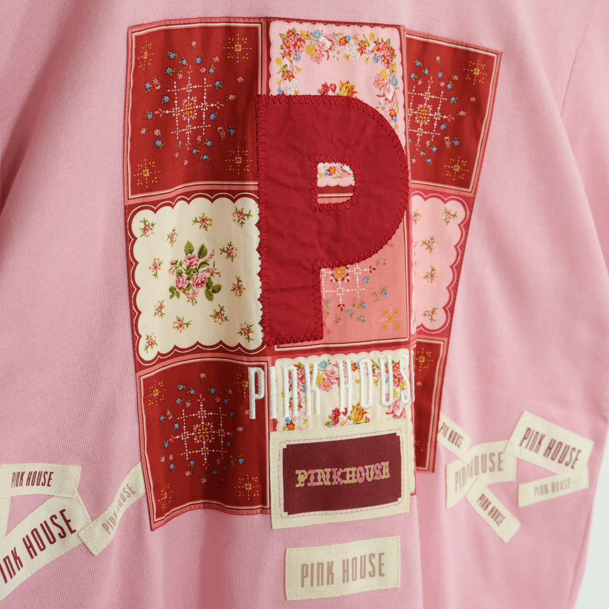 ピンクハウス★かわいい パッチワーク ワッペン ロゴ 半袖 Tシャツ サイズL ピンク系 z23071
