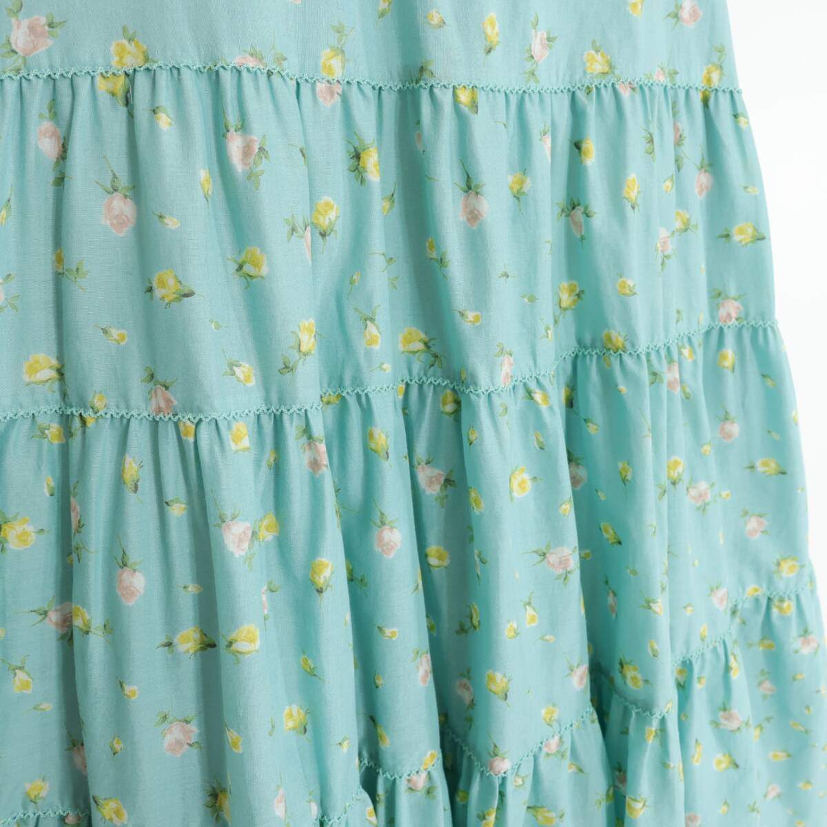【極美品紙タグ有】ピンクハウス★爽やかカラーと薔薇のつぼみpt♪ローンワンピース 裾段々フリル・ふんわりフォルム 青緑系 z21367