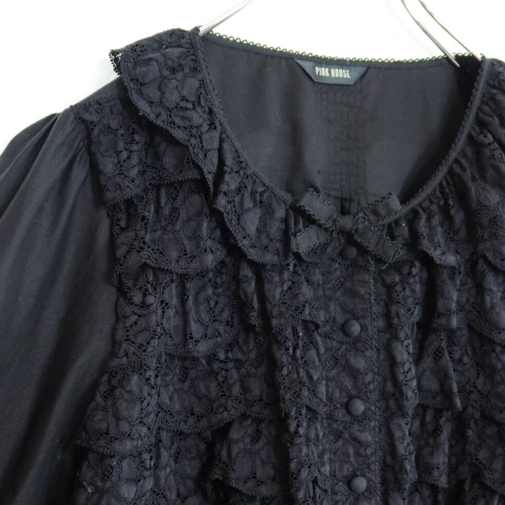 【美品】ピンクハウス★豪華！繊細レースかぶせ段々フリル♪ローンブラウス 長袖 黒系 前開き 無地 薄手＊z20040