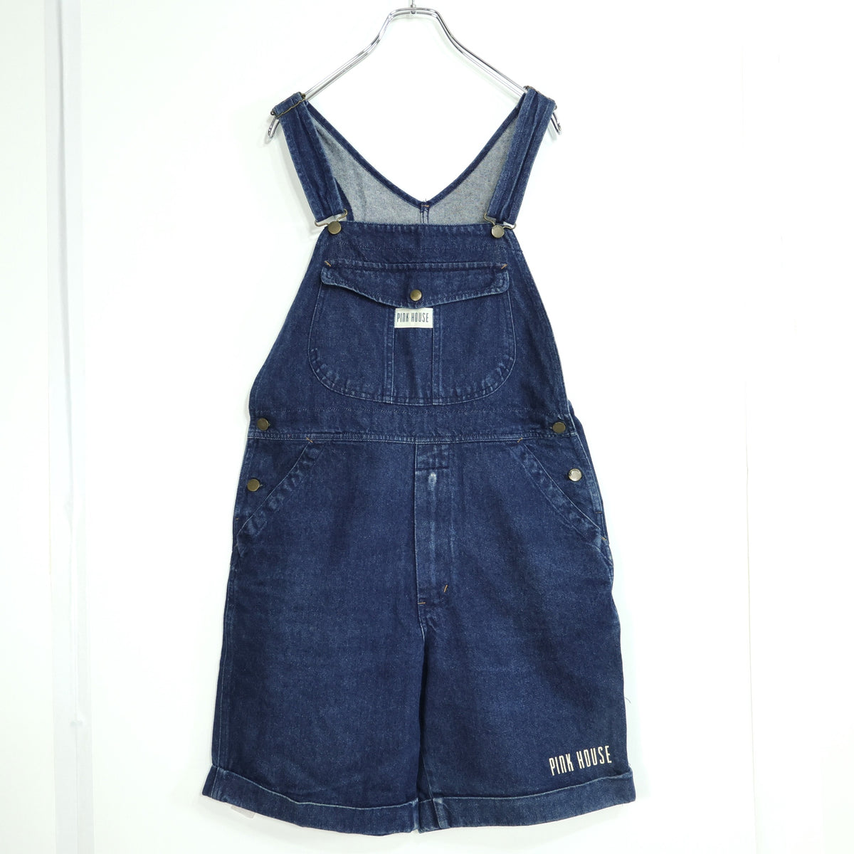 ピンクハウス★カジュアル可愛い♪ デニムサロペット ショートパンツ インディゴ ロゴプリント オーバーオール サイズM 紺系 z23094