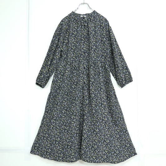 【美品】SM2 ブルー★小花柄♪長袖シャツワンピース サイズフリー 黒系 前開き薄手 z22766