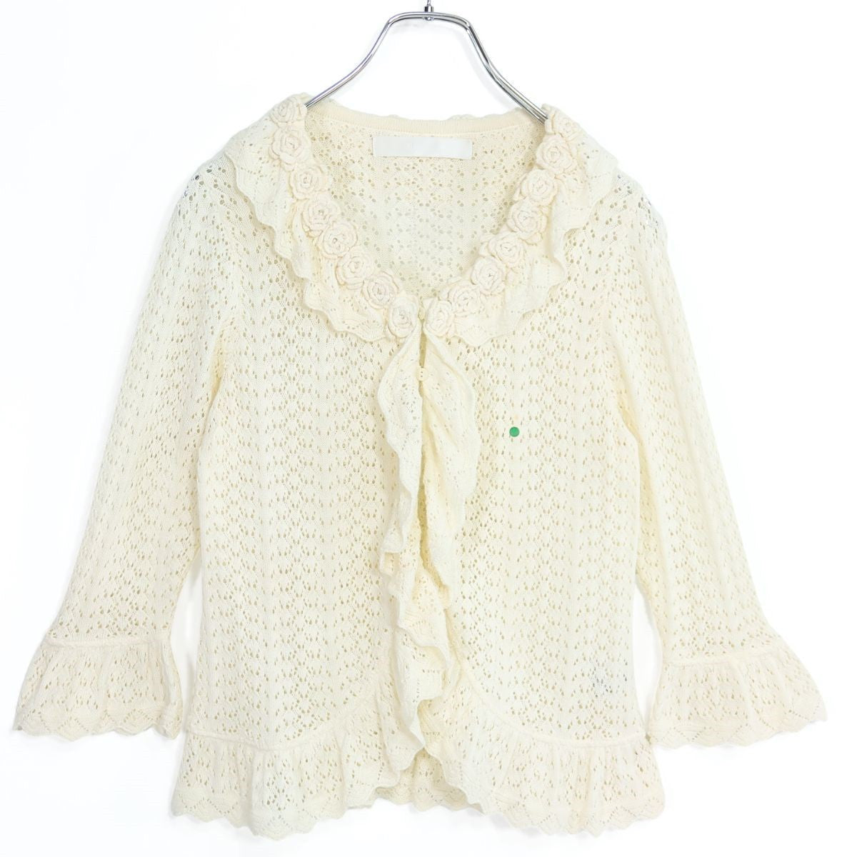ピンクハウス★ビーズが煌めく♪ 花モチーフ付き透かし編みカーディガン フリル袖 アイボリー系 z19980