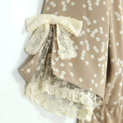 【美品】インゲボルグ★刺繍付チュールレース♪小花ptワンピース ベージュ系 繊細なレースリボン♪薄手 z20079
