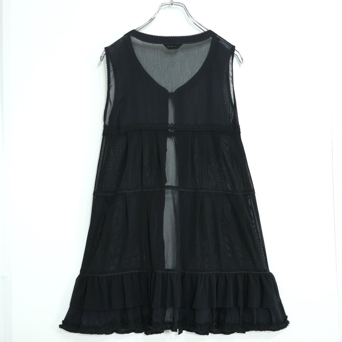 【美品】インゲボルグ★総チュールレース♪フリルたっぷりベスト はおりもの 黒系 前開き レース&お花モチーフ♪z22073