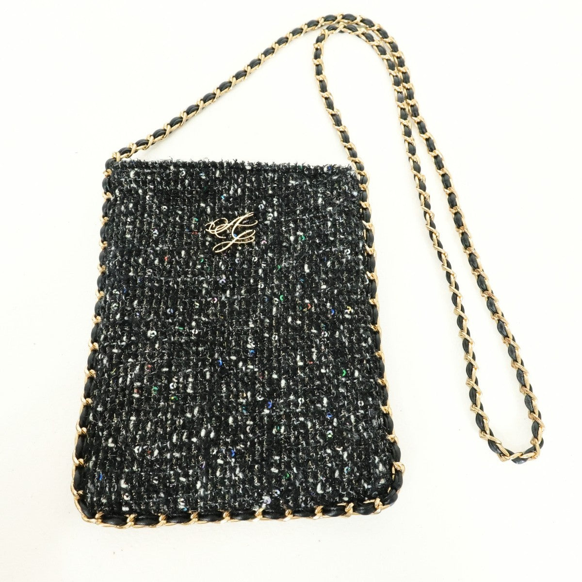 【美品】ajiri★上品♪ キラキララメのショルダーバッグ チェーンストラップ ツイード風 黒系 ba222