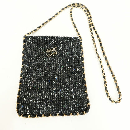 【美品】ajiri★上品♪ キラキララメのショルダーバッグ チェーンストラップ ツイード風 黒系 ba222
