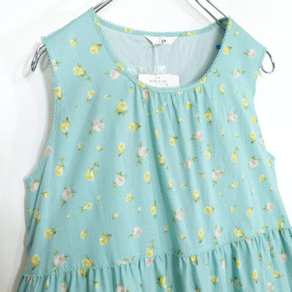 【極美品紙タグ有】ピンクハウス★爽やかカラーと薔薇のつぼみpt♪ローンワンピース 裾段々フリル・ふんわりフォルム 青緑系 z21367