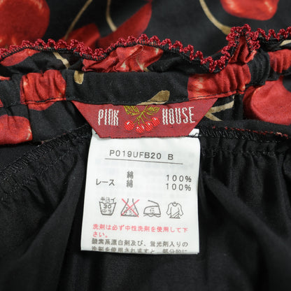 【美品】ピンクハウス★ギンガムパッチワーク♪チェリーpt半袖ローンワンピース 黒系 前開き 薄手 z22030