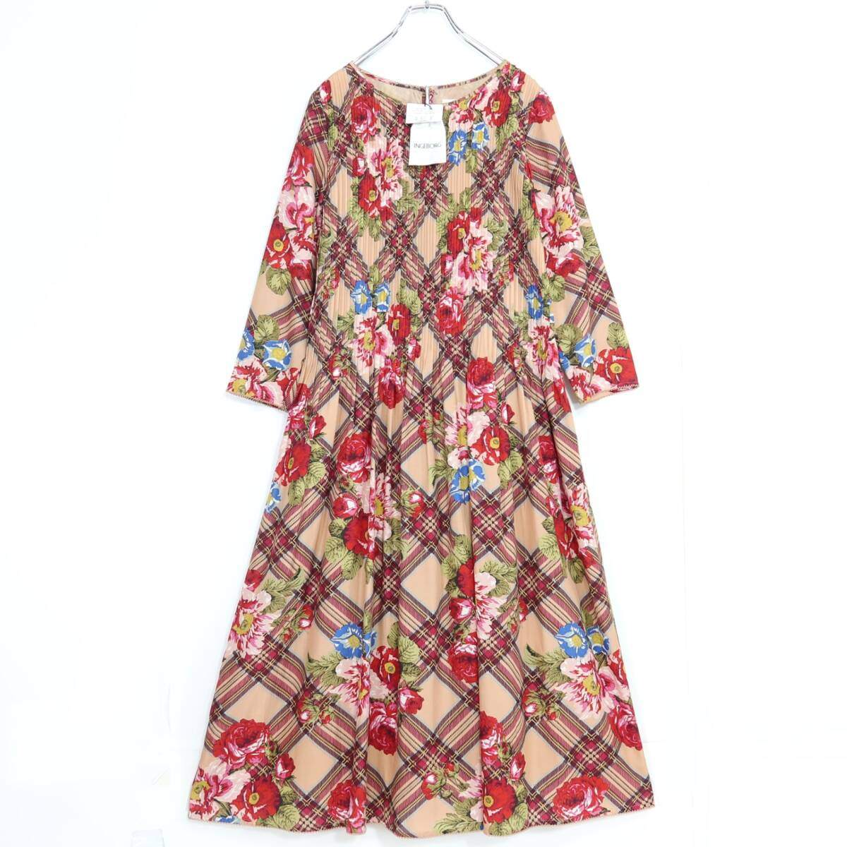 【新品タグ有】インゲボルグ★華やか♪タック使いワンピース サイズ11 薄オレンジ系 花柄 残布有 z20949