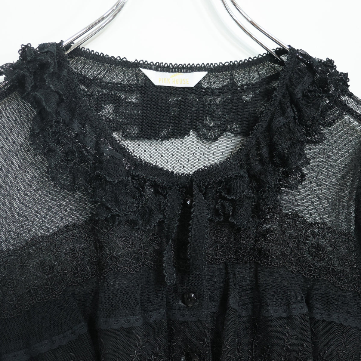 【極美品】ピンクハウス★ドットチュールレース♪長袖ブラウス 黒系 前開き サテンリボンも♪2025年製 z22502