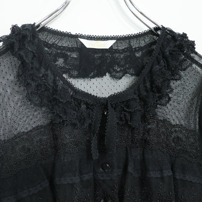 【極美品】ピンクハウス★ドットチュールレース♪長袖ブラウス 黒系 前開き サテンリボンも♪2025年製 z22502