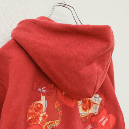 ピンクハウス★ハート×薔薇コラージュpt&ワッペン♪ジップアップパーカー フーディ サイズM 赤系 無地 厚手 z23326