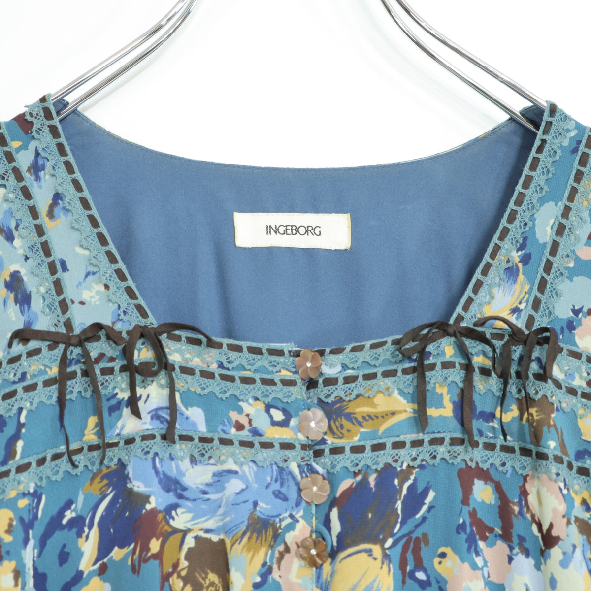 インゲボルグ★はしごレース&ベロアリボン♪花柄シフォンワンピース サイズ9 青緑系 薄手 z22247