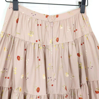 カネコイサオ★モチーフいっぱい♪ギャザースカート ピンク系 草花柄♪ティアードデザイン♪薄手 z19755