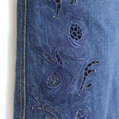 【美品】ピンクハウス★バラの刺繍が目を惹く♪レース デザインポケット デニムスカート 大きいサイズL ブルー系 z19912