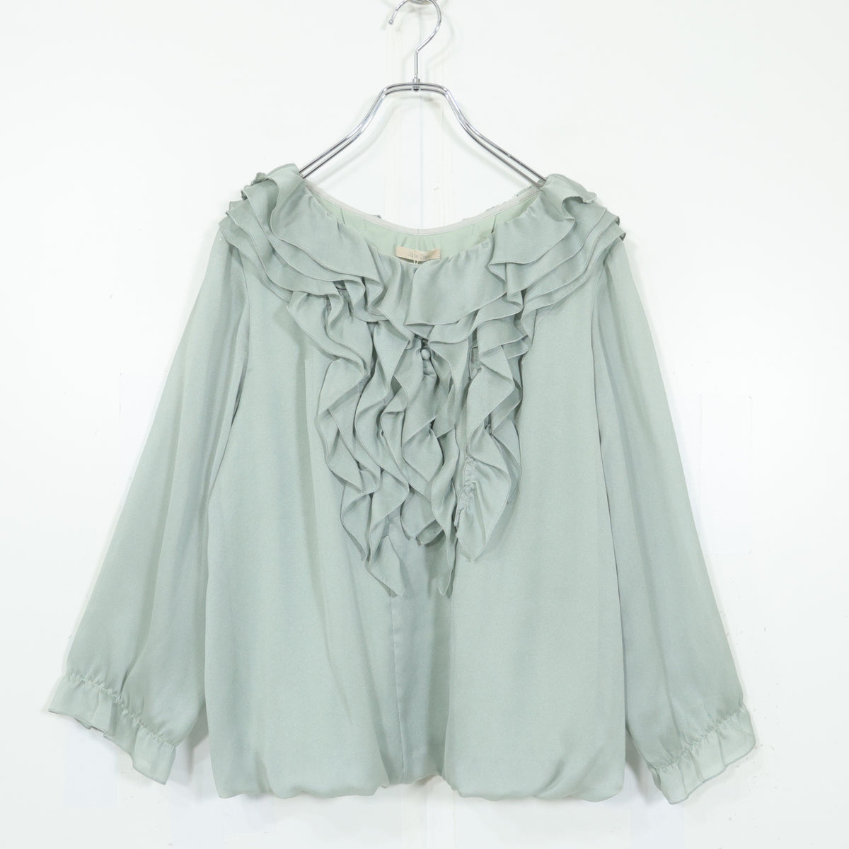 【極美品】ローズティアラ★たっぷりフレアが素敵♪長袖カットソー 大きいサイズ42 グリーン系 z22752