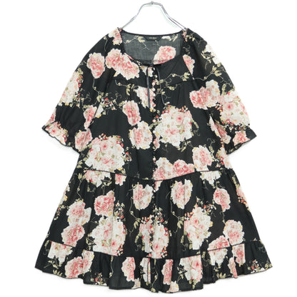 【美品】ピンクハウス★イチゴ&薔薇pt♪半袖ローンワンピース ミニ丈 黒系 前開き サテンリボン♪薄手 z22032