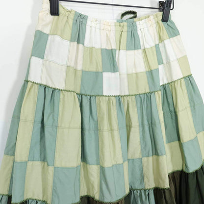 【レア美品】カネコイサオ★豪華な総パッチワーク♪ブロックチェック風♪ローンスカート グリーン系ミックス  z21329