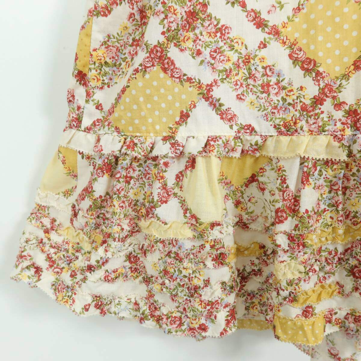 【美品】ピンクハウス★ローズ&ドット♪パッチワーク風ローンチュニックブラウス イエロー系 前開き 段々フリル♪z19582