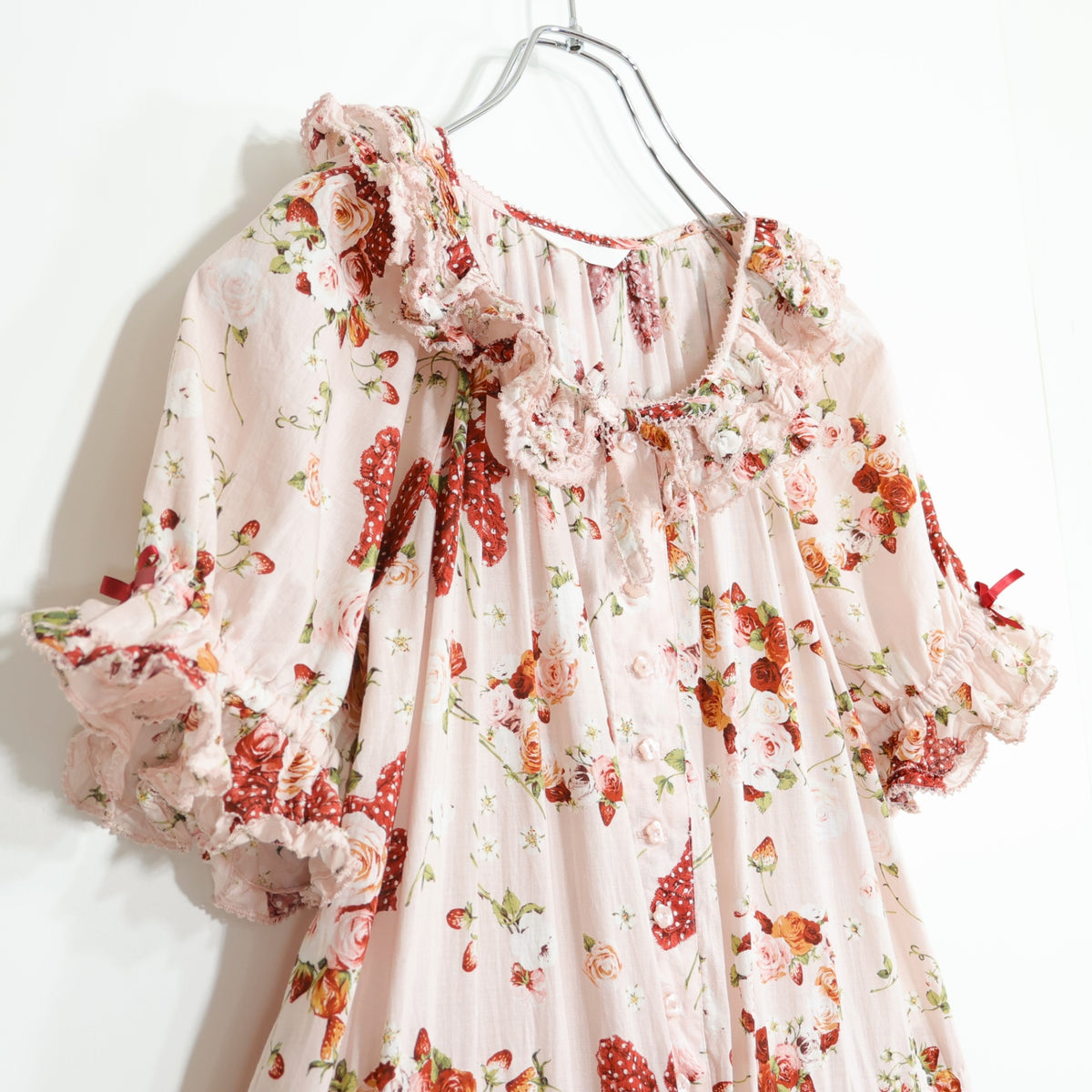 【極美品】ピンクハウス★リボンブーケpt♪半袖ワンピース ピンク系 前開き サテンリボン&フリル♪2025年製 z22689