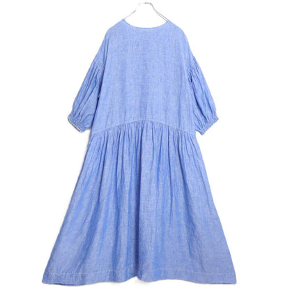 【美品】ネストローブ nest Robe★バルーンスリーブ 麻100 リネンシャツワンピース サイズF ブルー系 薄手 無地 *z19321