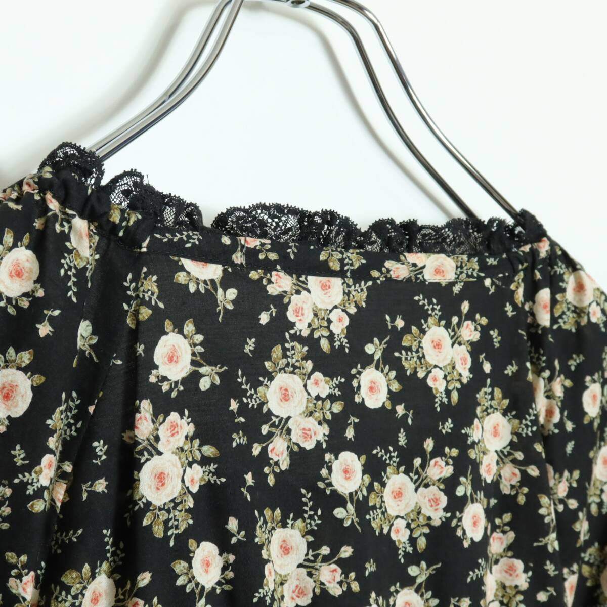 【美品】ピンクハウス★可愛い！ふんわりフリル　薔薇ptチュニックブラウス スクエアネック 黒系 ♪z.15690