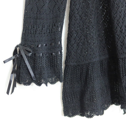 【美品】インゲボルグ★上品な透かし編みが素敵♪フリル付き ロング カーディガン サイズ9号 黒系 z20723