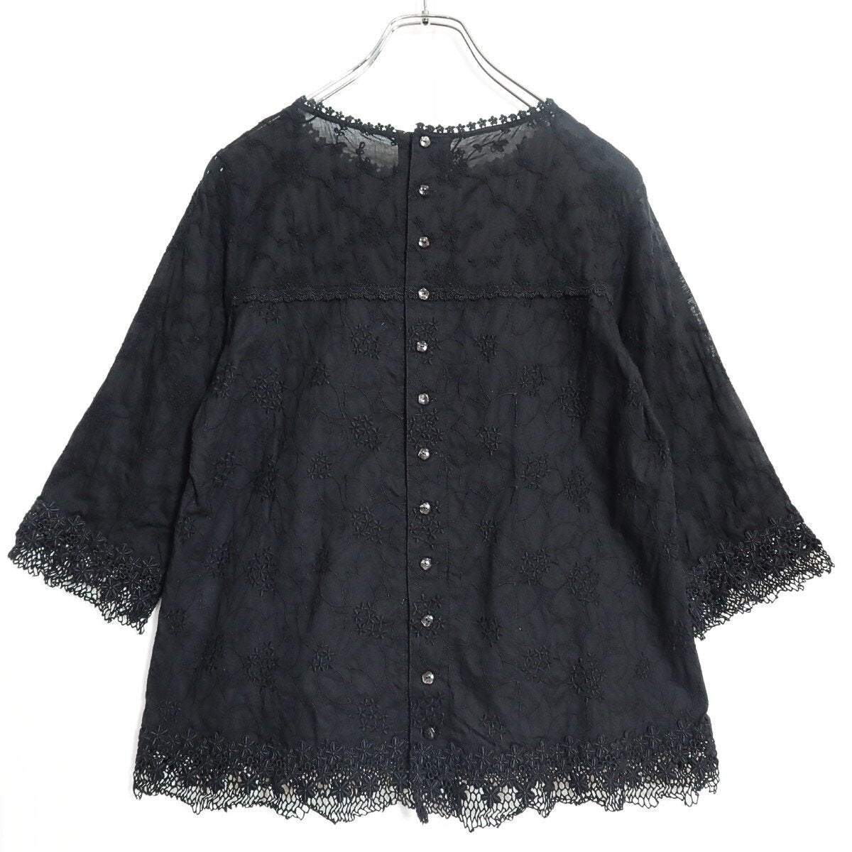 【美品】ピンクハウス★繊細花刺しゅう＆レース♪七分袖カットソー 黒系 美しいレース使い 異素材ミックス z14521