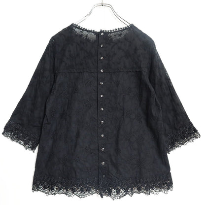 【美品】ピンクハウス★繊細花刺しゅう＆レース♪七分袖カットソー 黒系 美しいレース使い 異素材ミックス z14521