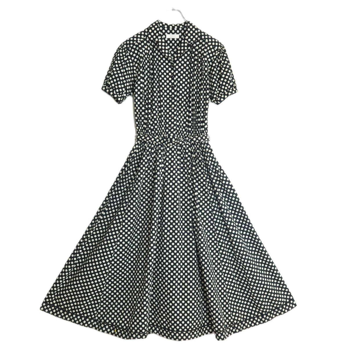 PINK HOUSE ピンクハウス★上品なドット柄♪半袖ワンピース タック入り オープンカラー フレアシルエット 薄手黒系 ＊z19402