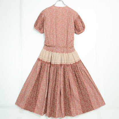 WONDERFUL WORLD カネコイサオ★小花柄 パッチワーク ピコレース リボン 豪華フレア ワンピース テラコッタ系＊z23044