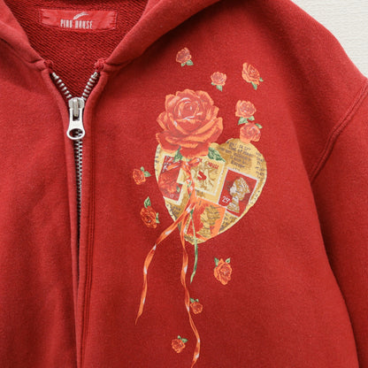 ピンクハウス★ハート×薔薇コラージュpt&ワッペン♪ジップアップパーカー フーディ サイズM 赤系 無地 厚手 z23326