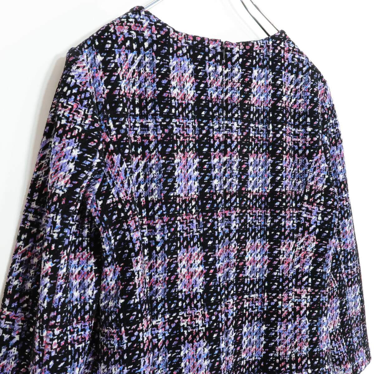 【新品タグ付】レリアン★上品！千鳥格子風チェック♪フロッキープリントワンピース サイズ11号 定価6.4万 黒×紫系 z21380