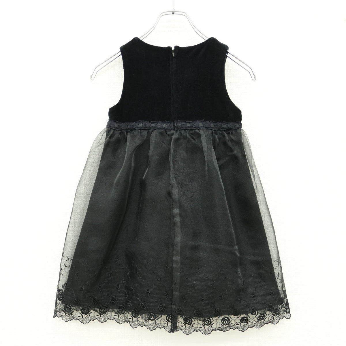 【美品】メゾピアノ★上品なベロア切替♪ふんわりチュールレース ウエストリボン付き ワンピース キッズ120 z23429