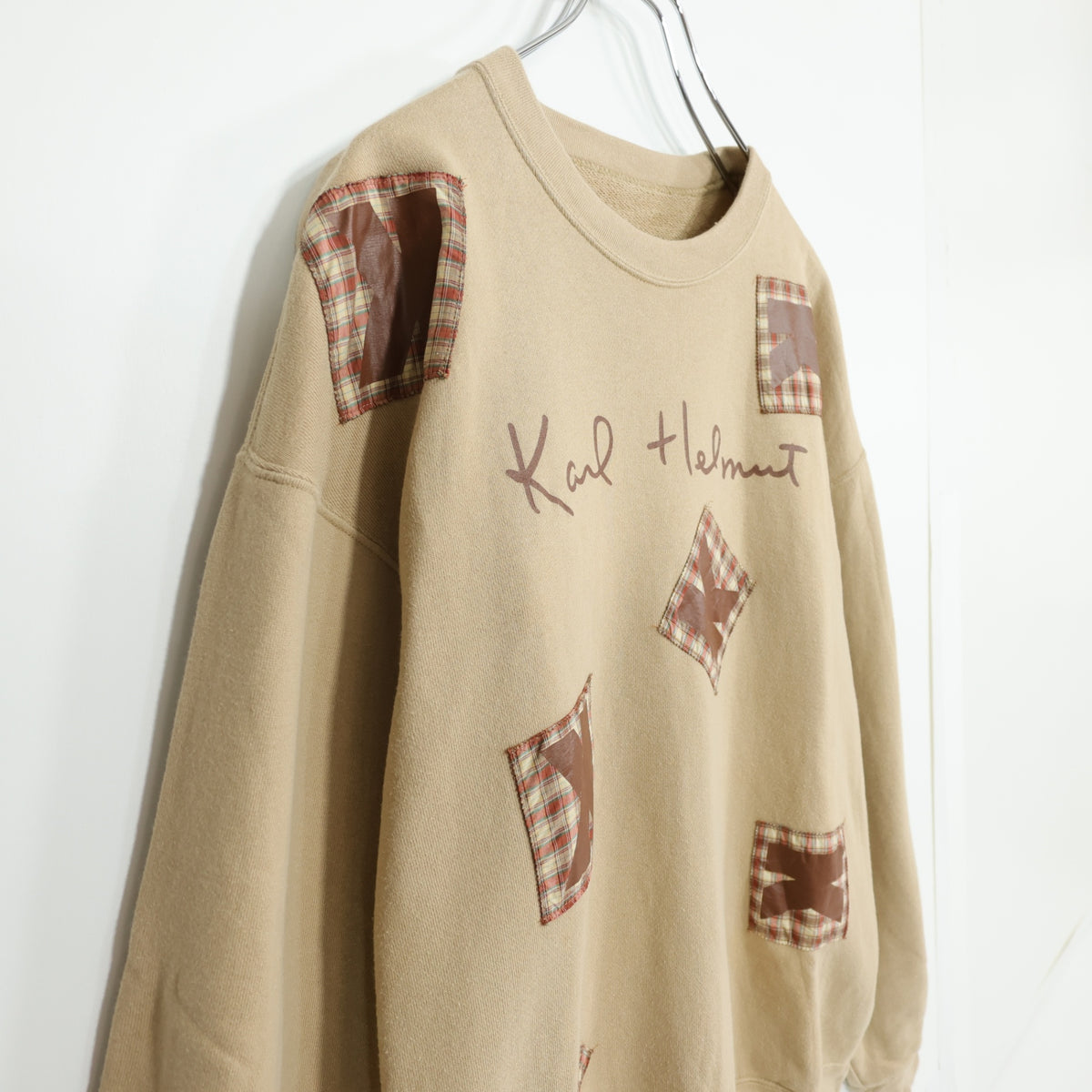 カールヘルム ピンクハウス★オリチェパッチワーク♪長袖トレーナー サイズM 薄茶系 無地 z22452