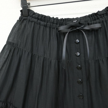 【極美品】ピンクハウス★ドイリーレース♪かぶせ段々のローンギャザースカート 黒系 前開き はしごレース&リボン♪薄手 z23542