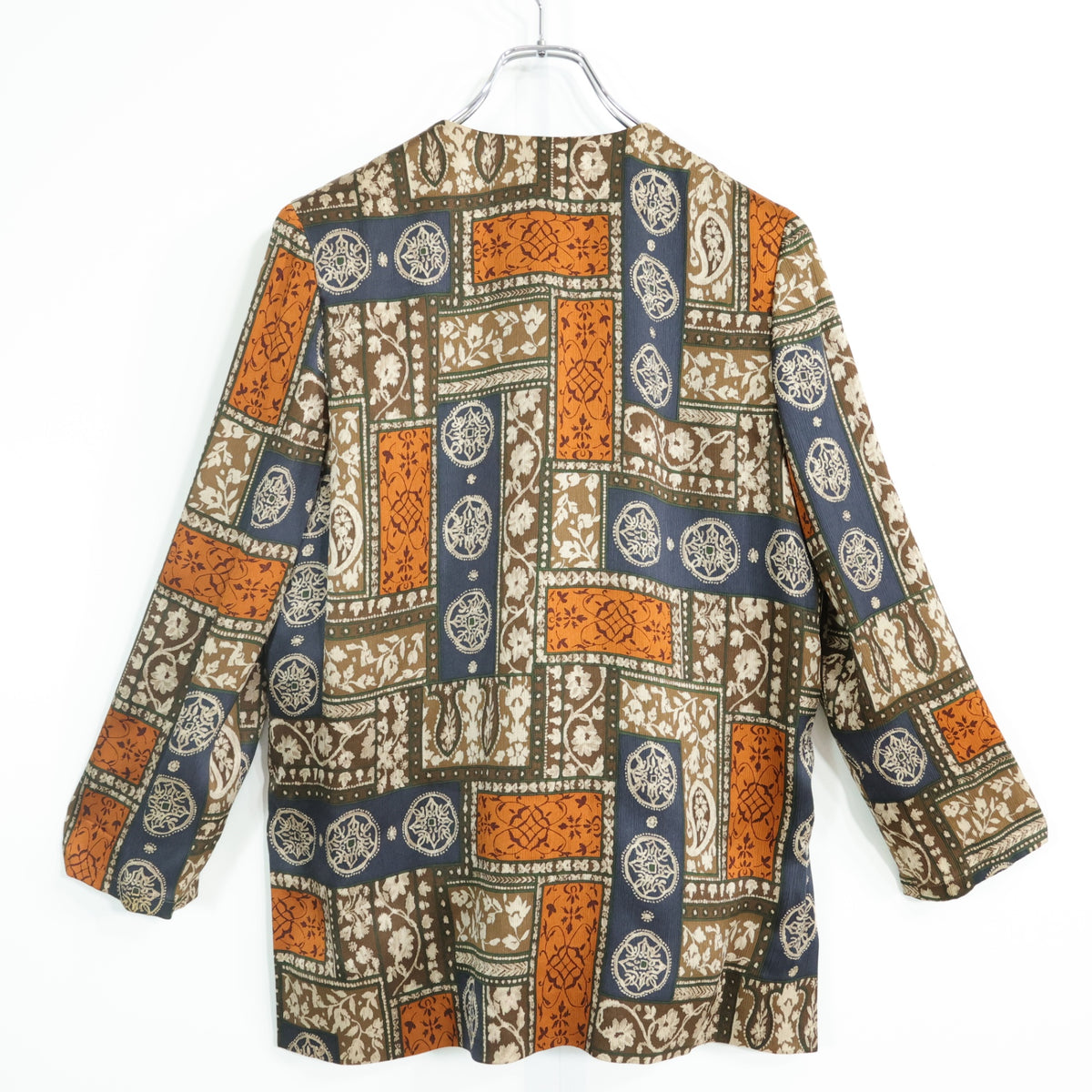 レリアン★ノーカラージャケット オリエンタル調 サイズ9 茶×紺系 前開き 薄手 z22415