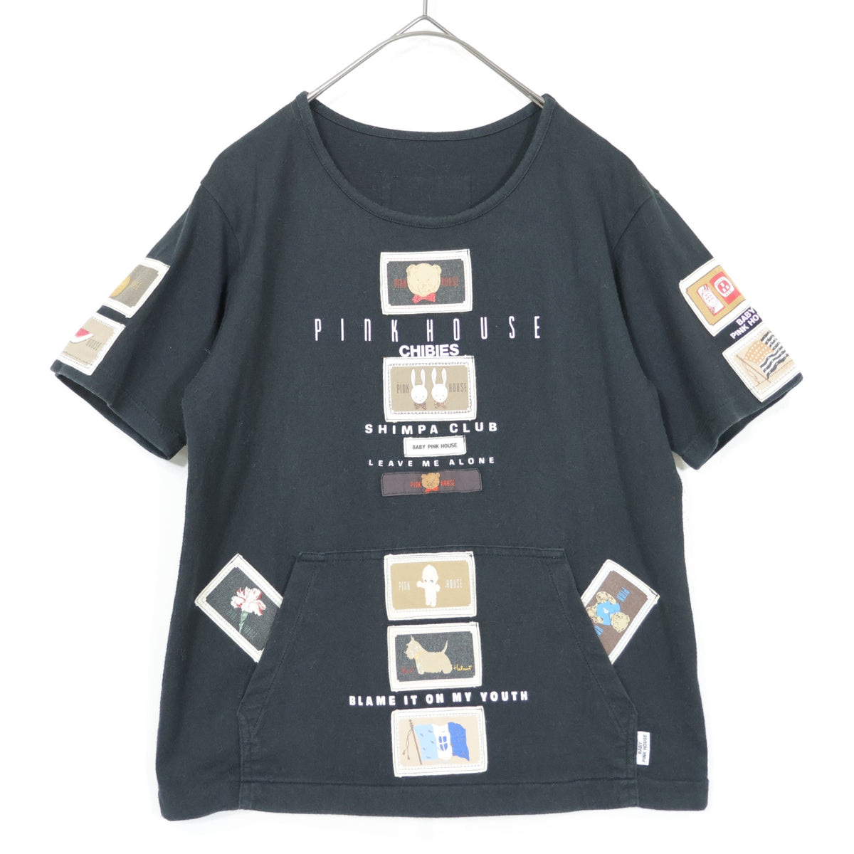 ベビーピンクハウス★ワッペンいっぱい♪半袖Tシャツ 前ポケット キューピー ぬいぐるみクマ ウサギ パフェ サイズL 黒系 z21891