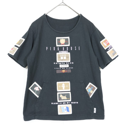 ベビーピンクハウス★ワッペンいっぱい♪半袖Tシャツ 前ポケット キューピー ぬいぐるみクマ ウサギ パフェ サイズL 黒系 z21891