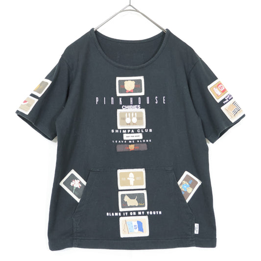ベビーピンクハウス★ワッペンいっぱい♪半袖Tシャツ 前ポケット キューピー ぬいぐるみクマ ウサギ パフェ サイズL 黒系 z21891