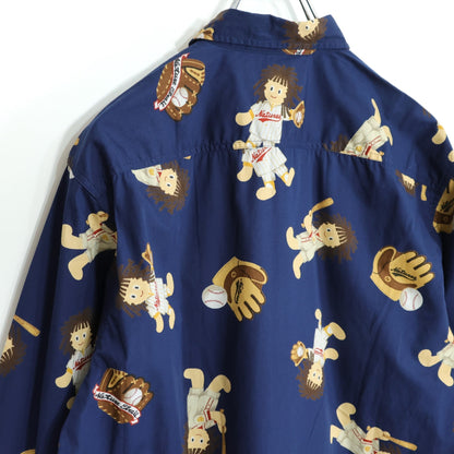 【美品】ネイチャートレイル ピンクハウス★野球・ベースボール柄が可愛い♪ 長袖シャツ メンズサイズS 紺系 z21408
