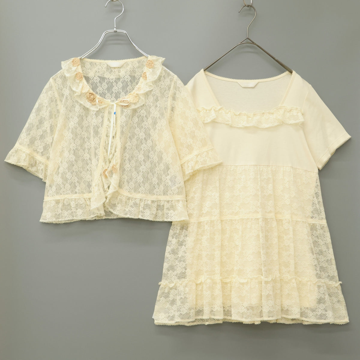 ピンクハウス★モチーフ&総チュールレース♪アンサンブル 2点セット ボレロ&ミニワンピース エクリュ系 ティアード z23148