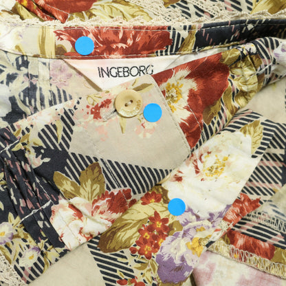 インゲボルグ★チェック&お花pt♪半袖ワンピース ベージュ×黒系 前開き 細レース♪リメイク品？ z22053